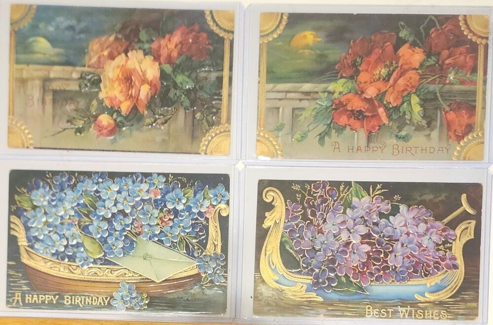 Lot Of Four Vintage Antique Embossed Postcards Flowers Birthday Boats